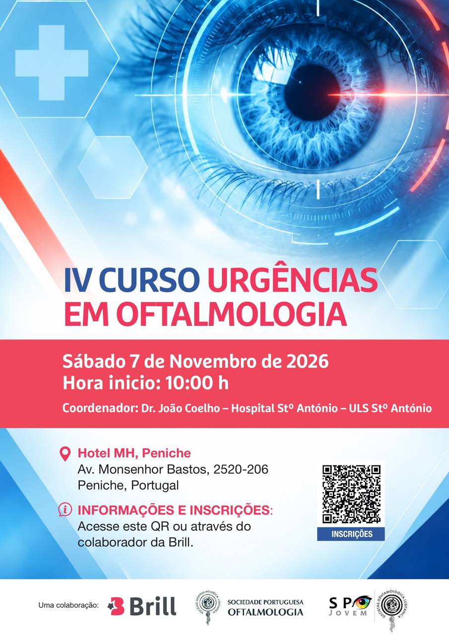 Cartaz do IV Curso de Urgências em Oftalmologia, sábado 7 de novembro de 2026, às 10:00, no Hotel MH Peniche