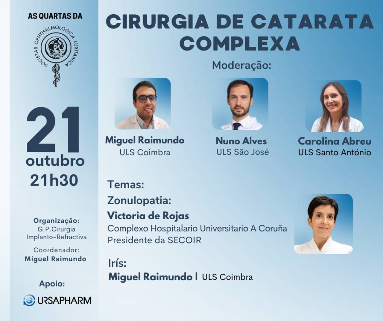 Cartaz do webinar «Cirurgia de Catarata Complexa» — 21 de outubro de 2026, 21h30 (As Quartas da SPO)