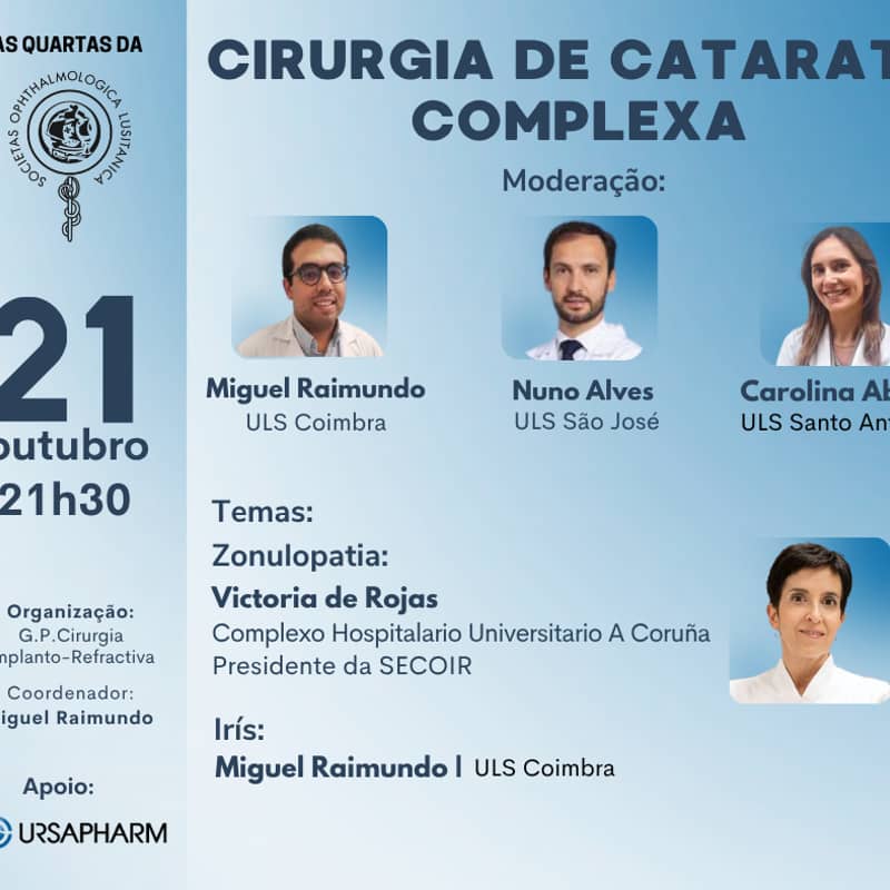 Cartaz do webinar «Cirurgia de Catarata Complexa» — 21 de outubro de 2026, 21h30 (As Quartas da SPO)